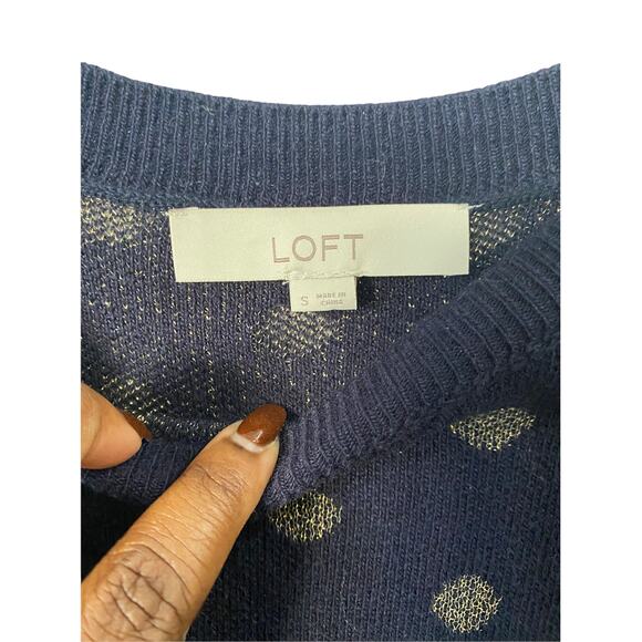 Loft Pullover Navy Gold Wool Blend Polka Dot Knit Crewneck Sweater Size‎ Small - Picture 2 of 7